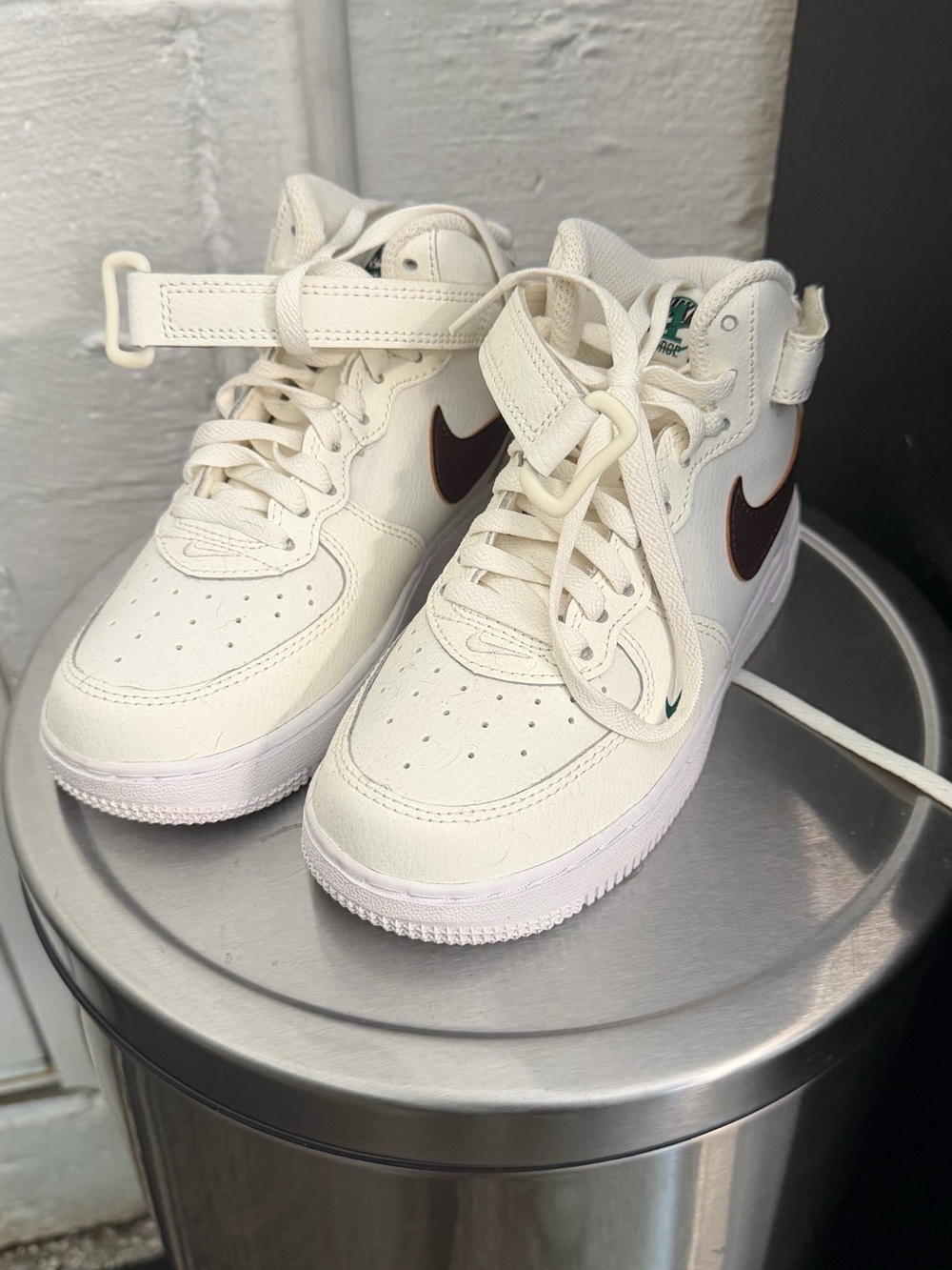 Nike Kids Cream Mid-Top Sneakers with Brown Swoosh